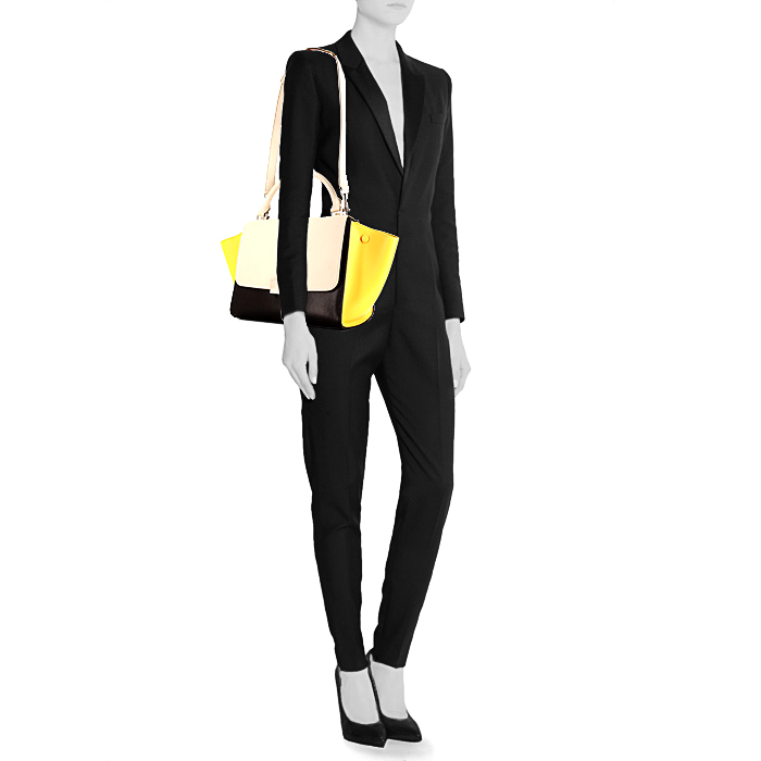 Sac à main Celine Trapeze mini en cuir tricolore beige jaune et noir - Detail D2