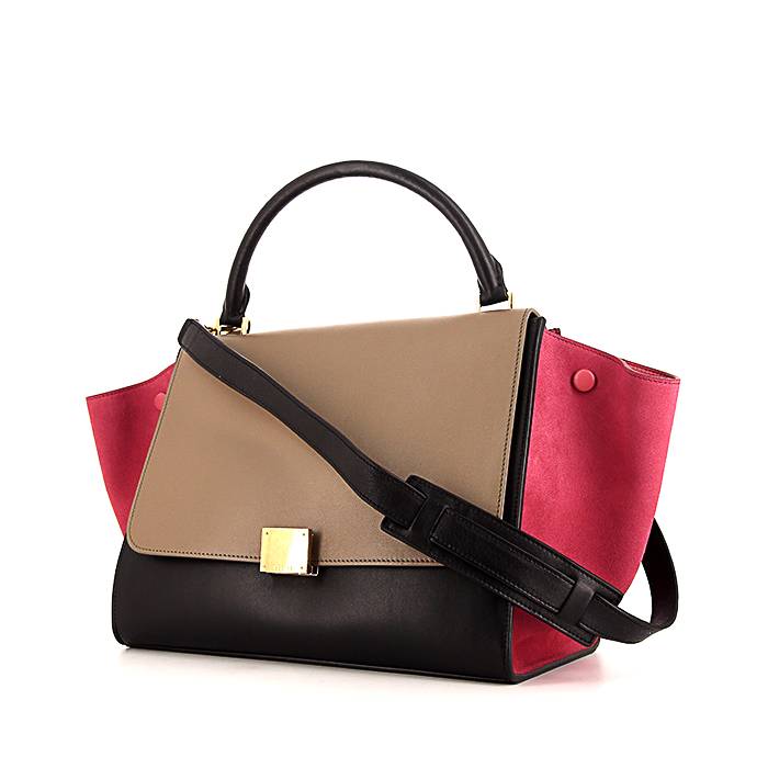 Sac à main Celine Trapeze moyen modèle en cuir tricolore noir et beige et daim rose