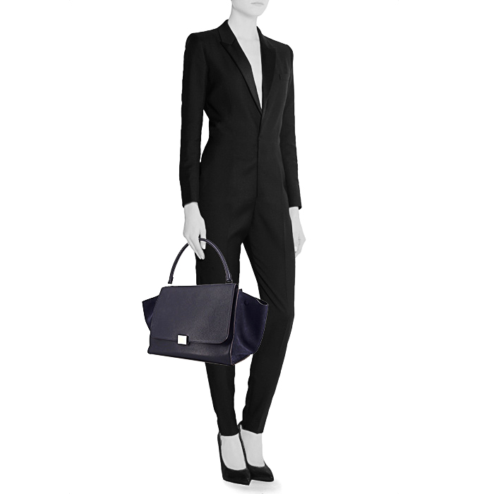 Celine Trapeze large model handbag in blue leather and blue suede - Detail D1