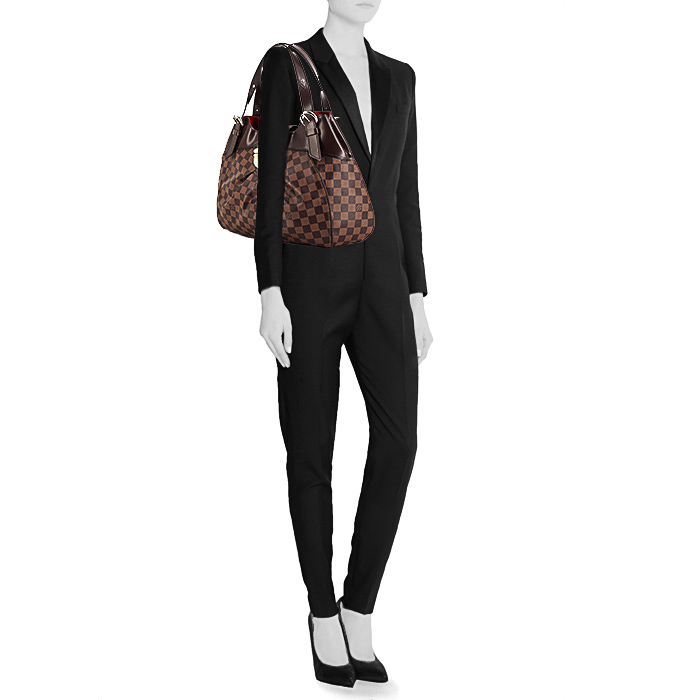 Sac à main Louis Vuitton Sistina grand modèle en toile damier marron et cuir glacé marron - Detail D1