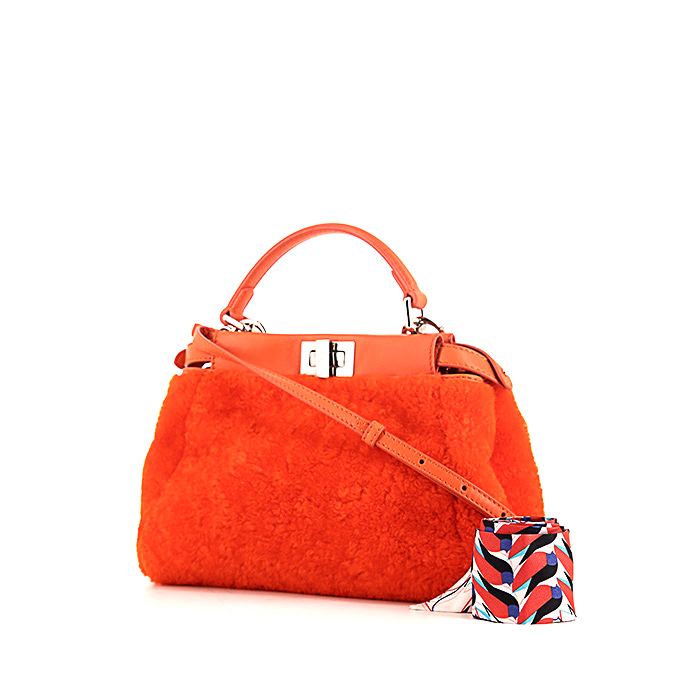 Borsa a tracolla Fendi Mini Peekaboo in tessuto di lana arancione e pelle arancione - Detail D1