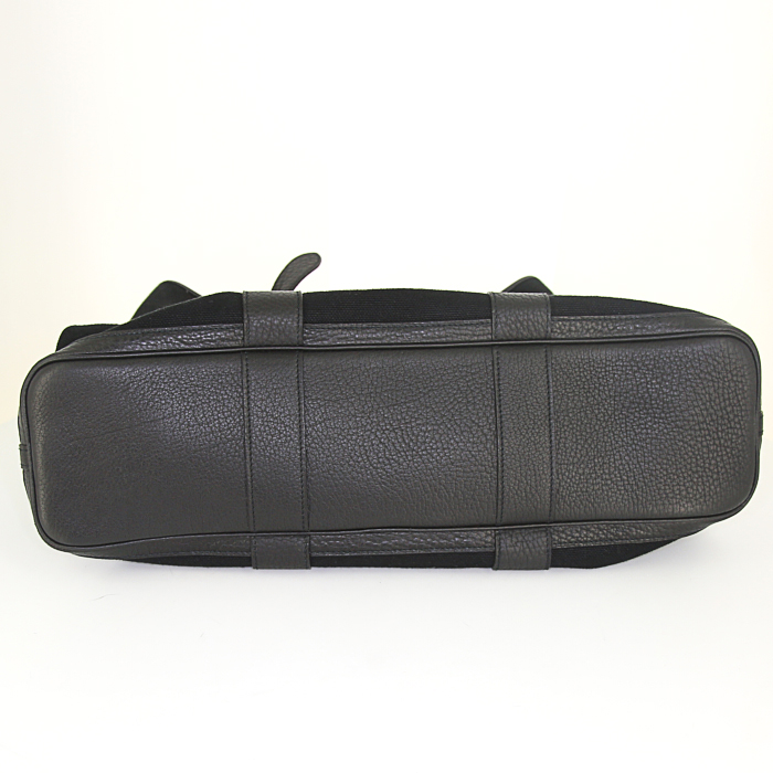 Hermès shopping bag in black canvas and black leather - Detail D4