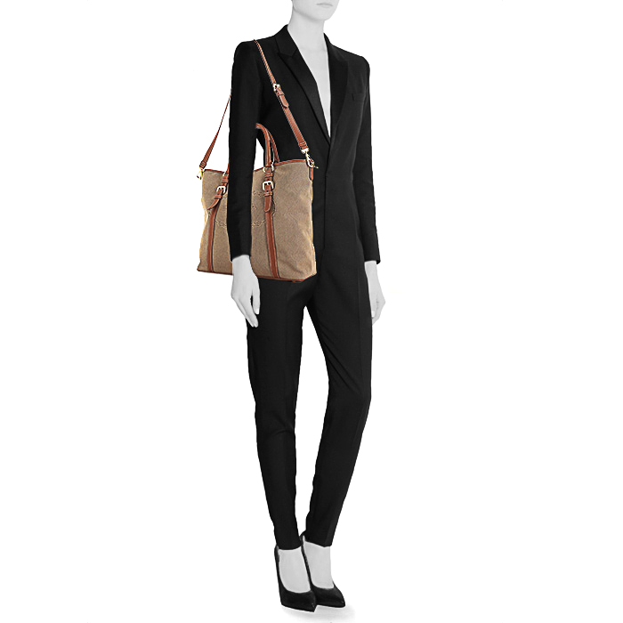 Sac cabas Prada Jacquard en toile siglée vert-kaki et cuir marron - Detail D2