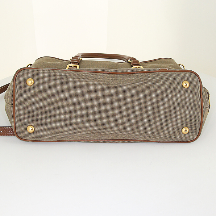 Prada Jacquard shopping bag in khaki logo canvas and brown leather - Detail D5