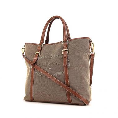 Shopping bag Prada Jacquard in tela siglata verde kaki e pelle marrone