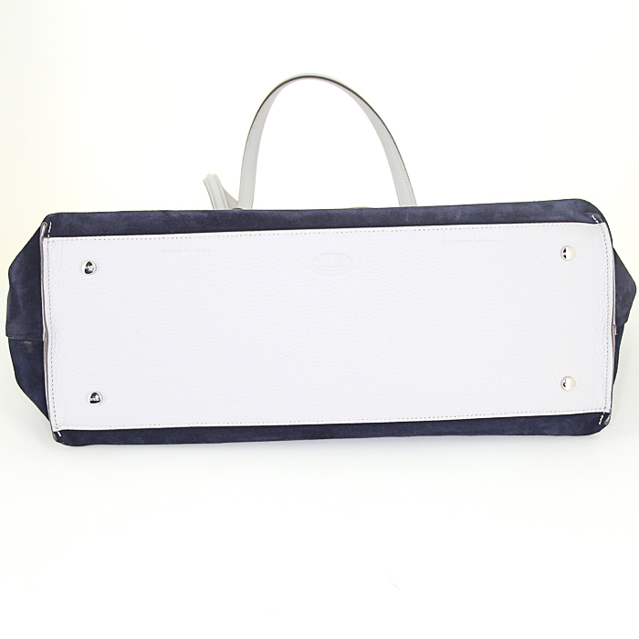 Sac cabas Tod's en daim bicolore bleu-marine et cuir gris - Detail D5
