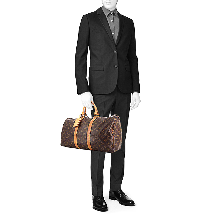 Louis Vuitton Keepall 45 travel bag in monogram canvas and natural leather - Detail D1