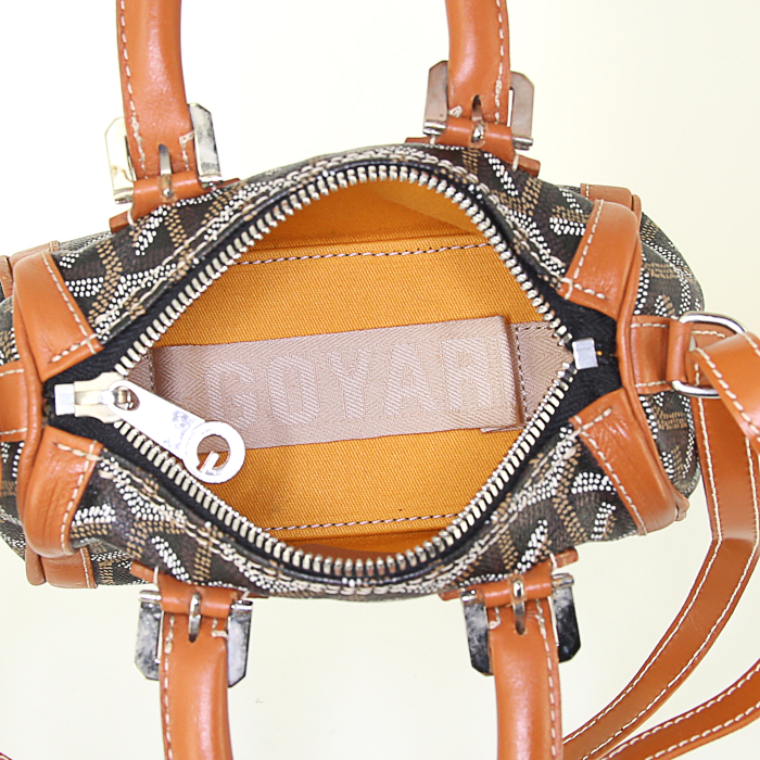 Goyard Croisière mini handbag in monogram canvas and brown leather - Detail D3