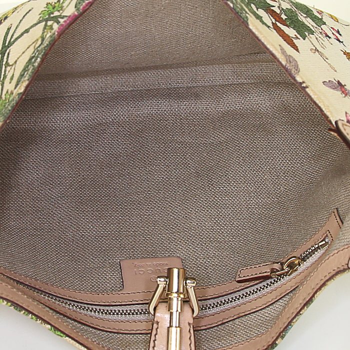 Borsa Gucci Jackie in tela beige a fiori e pelle beige - Detail D2
