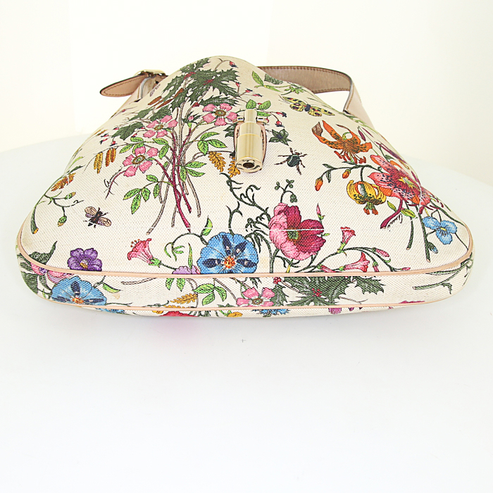 Borsa Gucci Jackie in tela beige a fiori e pelle beige - Detail D4