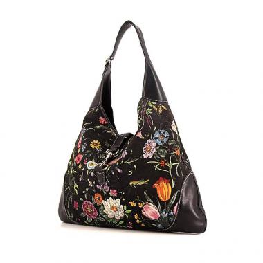 Borsa Gucci Jackie in tela nera a fiori e pelle nera