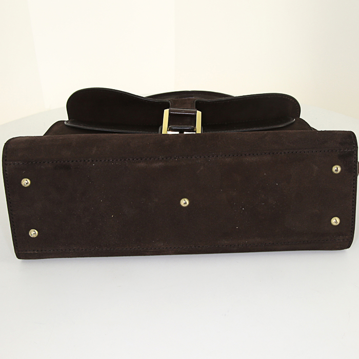 Sac à main Gucci en daim marron et cuir marron - Detail D4