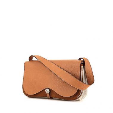 Bolso de mano Hermes Colorado en cuero granulado color oro y lona beige