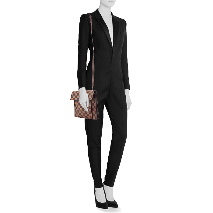 Sac bandoulière Louis Vuitton Pimlico en toile damier ébène et cuir marron - Detail D1