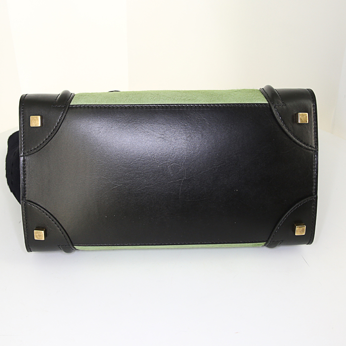 Bolso de mano Celine Luggage en piel de potro verde agua y azul marino y cuero negro - Detail D4