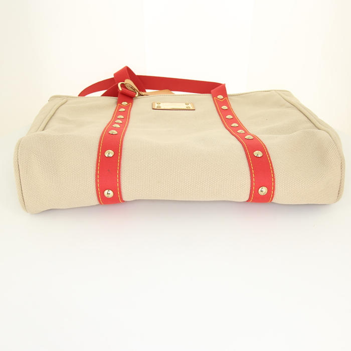 Sac cabas Louis Vuitton Antigua grand modèle en toile beige et rouge - Detail D4