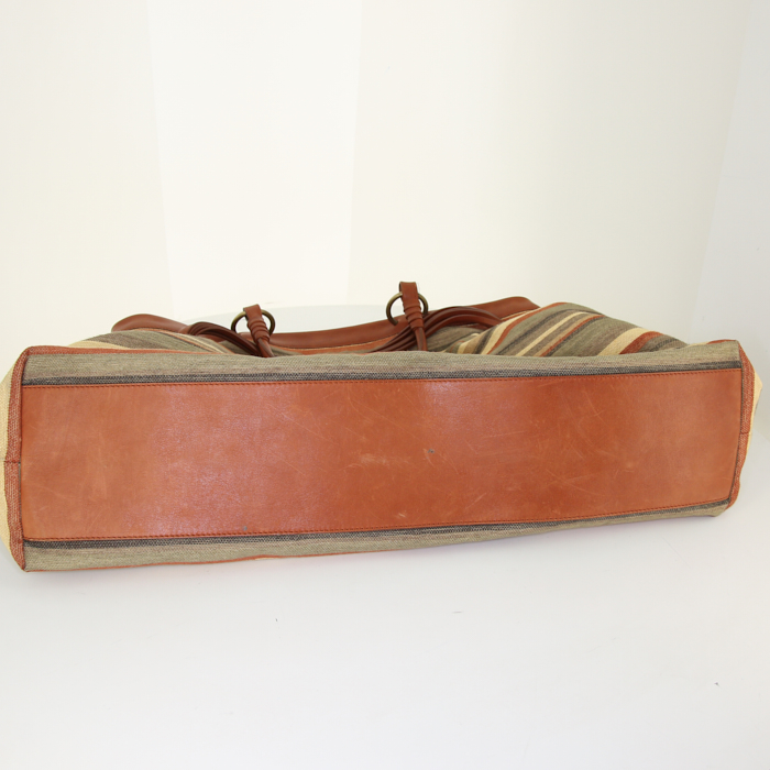 Shopping bag Celine Cabas in tela marrone a righe e pelle marrone - Detail D4
