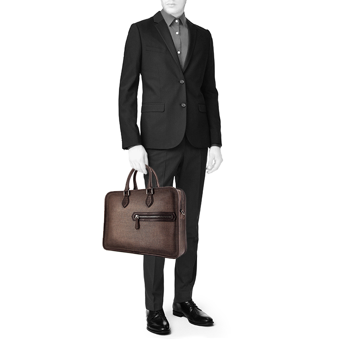 Berluti Un Jour briefcase in brown leather and beige canvas - Detail D1