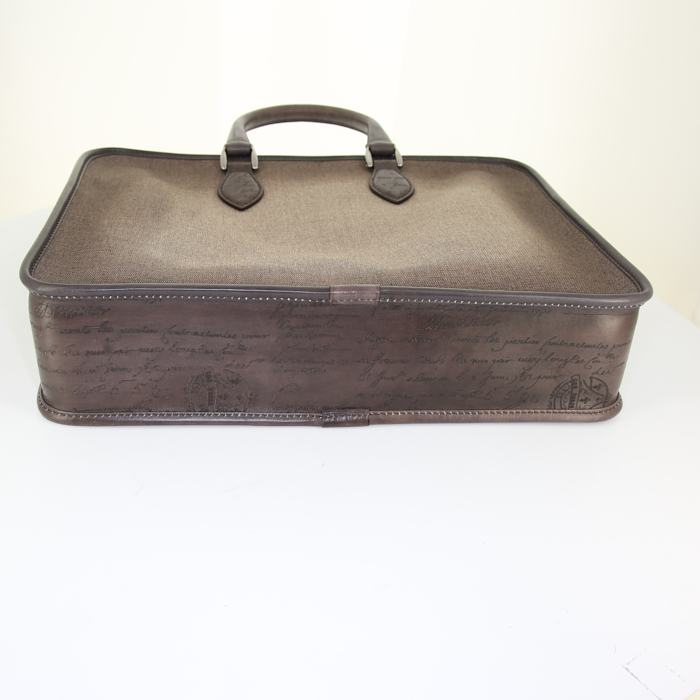 Berluti Un Jour briefcase in brown leather and beige canvas - Detail D4
