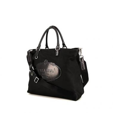 Borsa a tracolla Prada Jacquard in tela nera e pelle verniciata nera