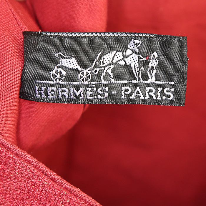 Hermès Amedaba shopping bag in red canvas and natural leather - Detail D3