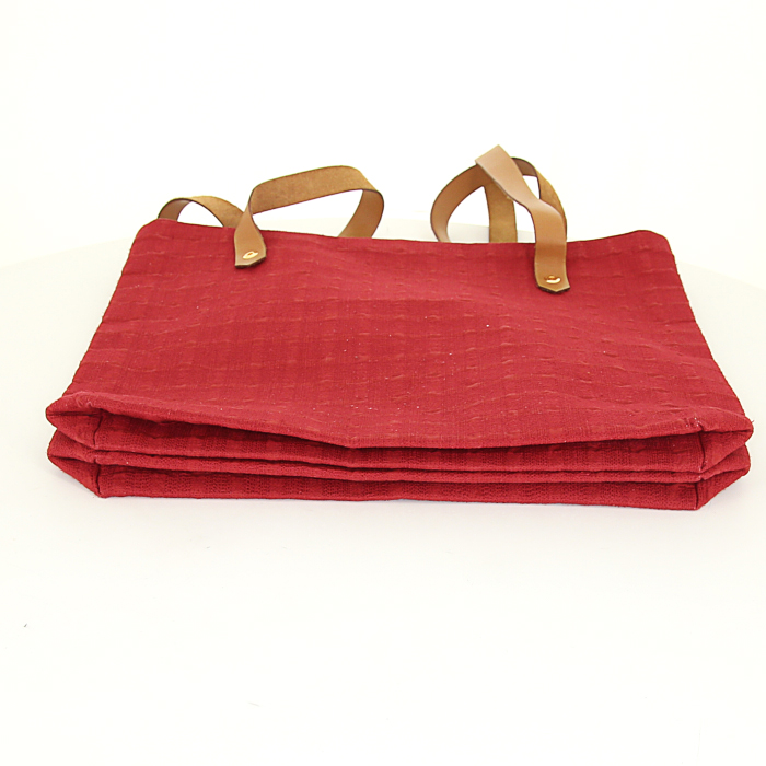 Hermès Amedaba shopping bag in red canvas and natural leather - Detail D4