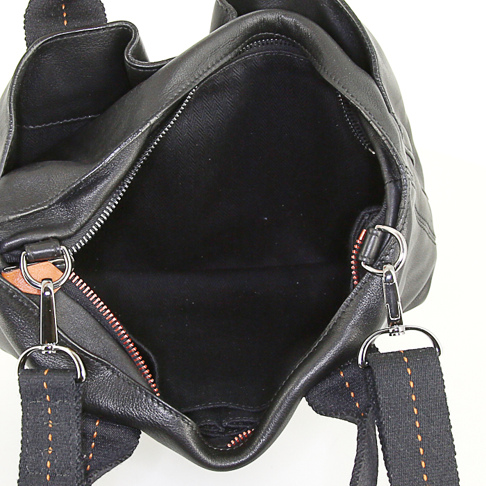Hermes Caravane small model handbag in black leather and black canvas - Detail D3