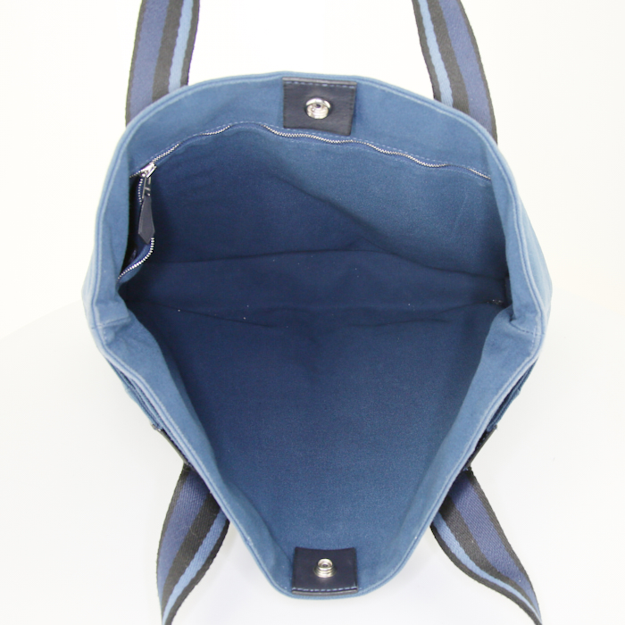 Shopping bag Hermes Toto Bag - Shop Bag in tela blu e nera e pelle nera - Detail D2