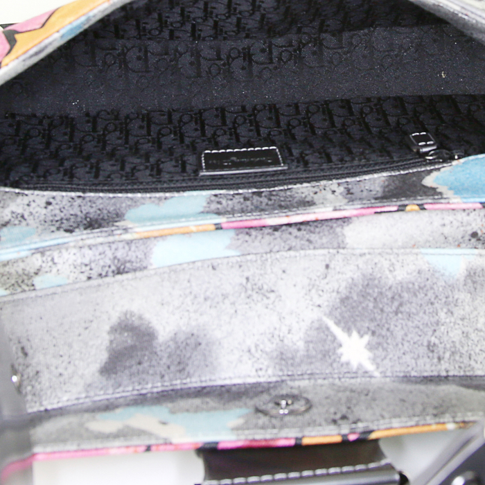 Dior Street Chic handbag in pink, yellow and blue multicolor canvas and grey patent leather - Detail D2