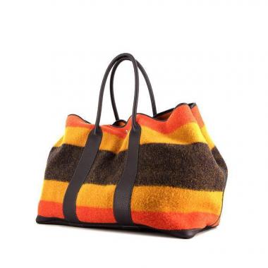 Bolso de fin de semana Hermes Garden en lana amarilla, marrón y naranja y cuero taurillon clémence azul