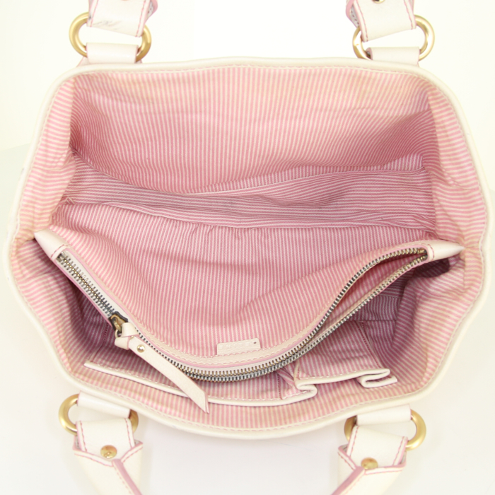 Celine Boogie handbag in pink monogram canvas and white leather - Detail D2