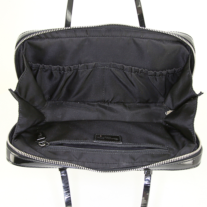 Bolso de mano Dior Vintage en lona Monogram negra y blanca y charol negro - Detail D2