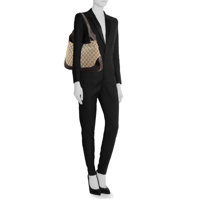 Gucci Jackie handbag in beige monogram canvas and brown leather - Detail D1