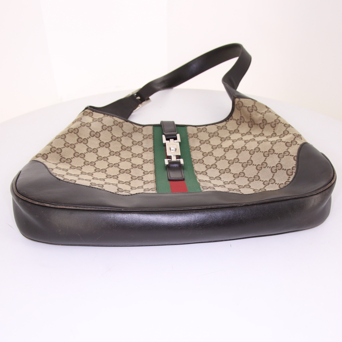 Gucci Jackie handbag in beige monogram canvas and brown leather - Detail D4