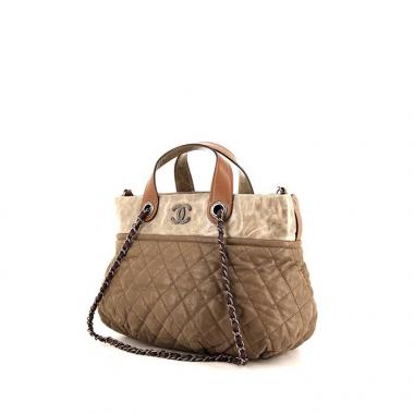 Sac cabas Chanel Portobello en cuir beige marron-caramel et bordeaux et cuir matelassé taupe