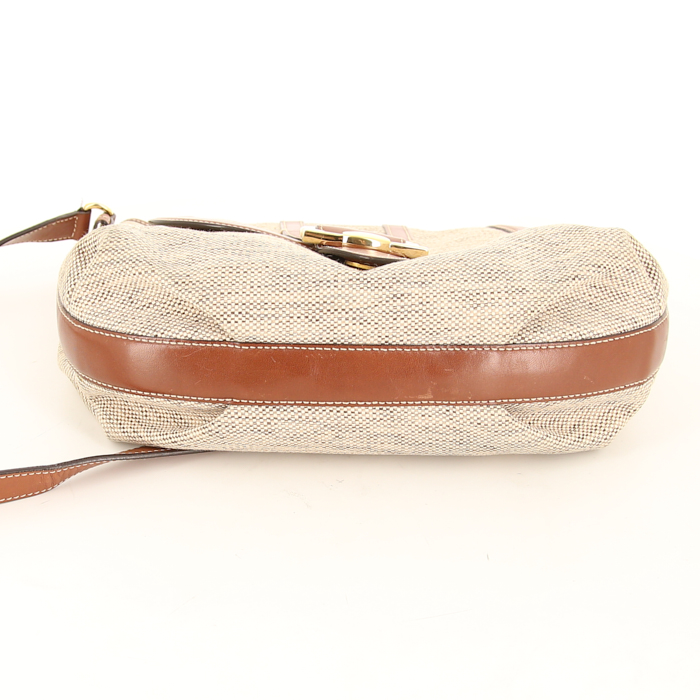 Borsa a tracolla Salvatore Ferragamo in tela beige e pelle marrone - Detail D4