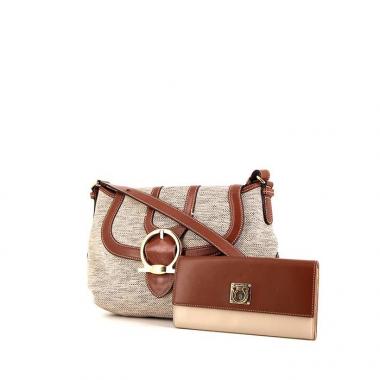 Bolso bandolera Salvatore Ferragamo en lona beige y cuero marrón