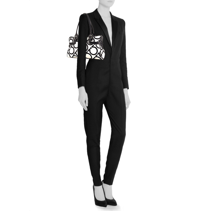 Sac à main Salvatore Ferragamo en cuir bicolore blanc et noir et cuir bleu-nuit - Detail D1