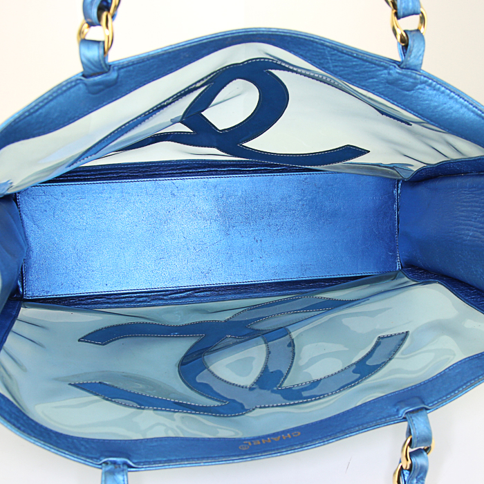 Shopping bag Chanel Grand Shopping in PVC trasparente e pelle blu metallizzato - Detail D2