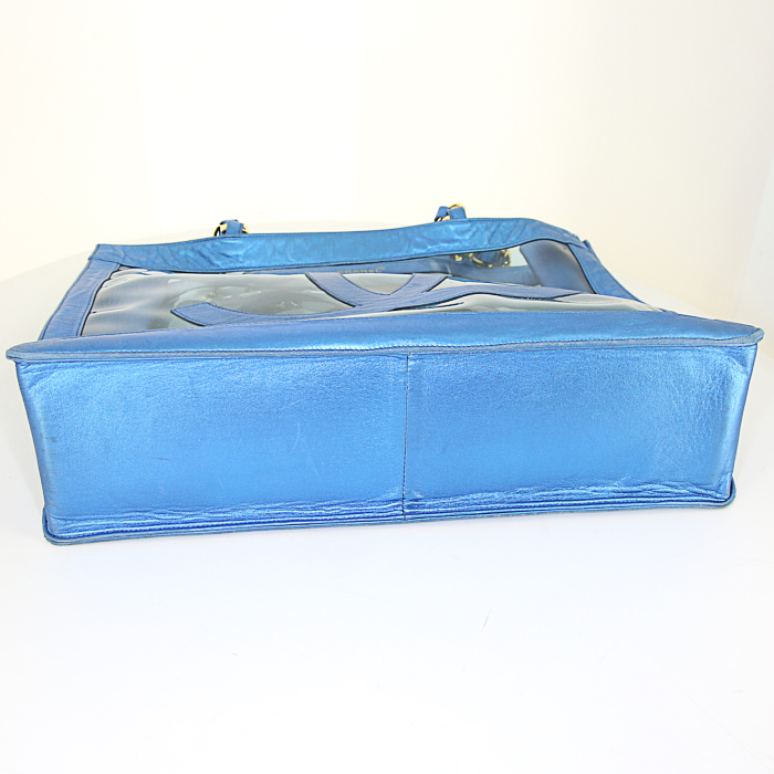 Shopping bag Chanel Grand Shopping in PVC trasparente e pelle blu metallizzato - Detail D5