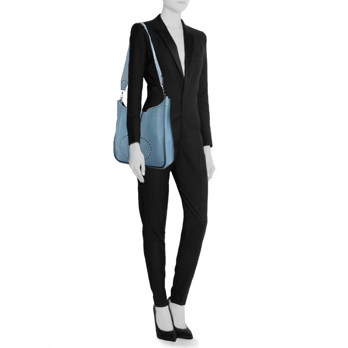 Borsa a tracolla Hermes Evelyne in pelle togo blu - Detail D1