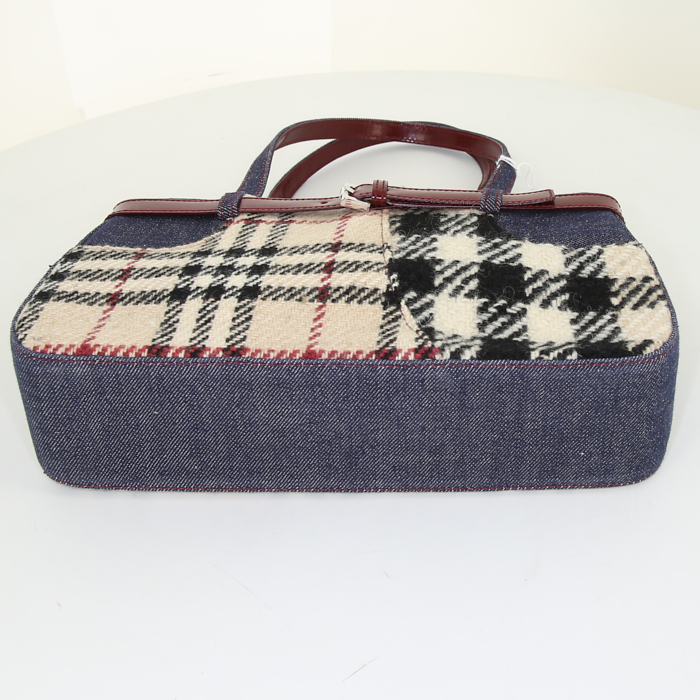 Borsa Burberry in tela blu e beige e pelle lucida bordeaux - Detail D5