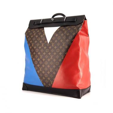 Bolsa de viaje Louis Vuitton Steamer Bag - Travel Bag en lona Monogram marrón, azul y roja y cuero negro