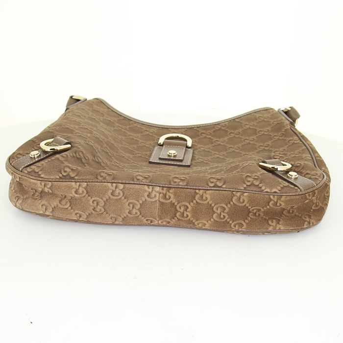 Gucci Abbey bag worn on the shoulder or carried in the hand in brown monogram suede and brown Pecari leather - Detail D4