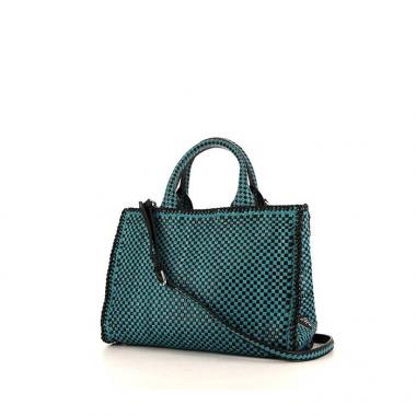 Shopping bag Prada Madras in pelle intrecciata bicolore turchese e nera