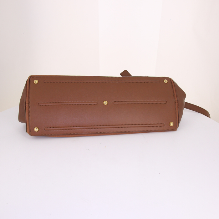 Yves Saint Laurent Muse Two handbag in brown leather and brown canvas - Detail D5