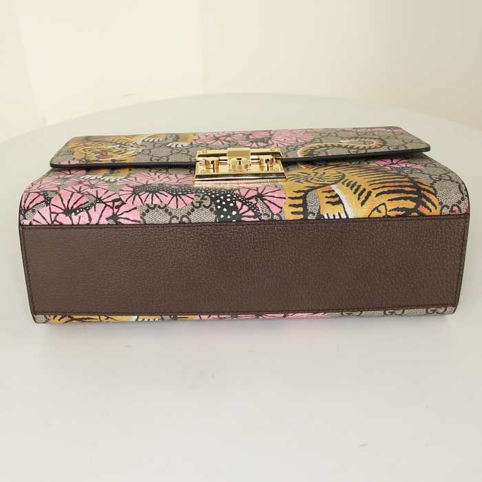 Borsa a tracolla Gucci Padlock Bengal in tela monogram cerata con motivo e pelle marrone - Detail D5