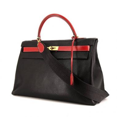 Bolso de mano Hermes Kelly 40 cm en cuero Ardenne negro y cuero box rojo