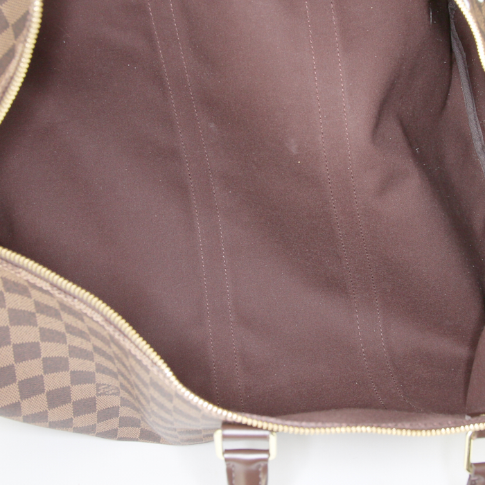 Bolsa de viaje Louis Vuitton Keepall 55 cm en lona a cuadros y cuero marrón - Detail D3
