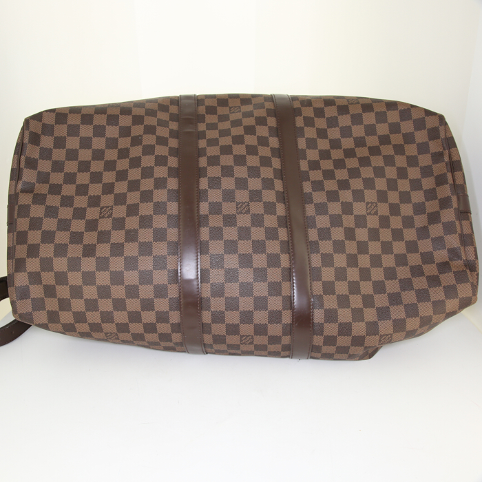 Borsa da viaggio Louis Vuitton Keepall 55 cm in tela a scacchi e pelle marrone - Detail D5